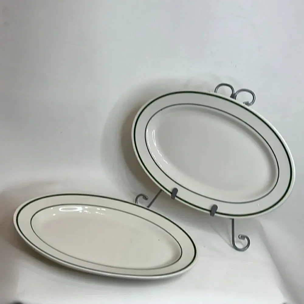 Buffalo Plates Heavy Ceramic Oval White Green Set Of 2 11 1/2 Inches X 7 3/4